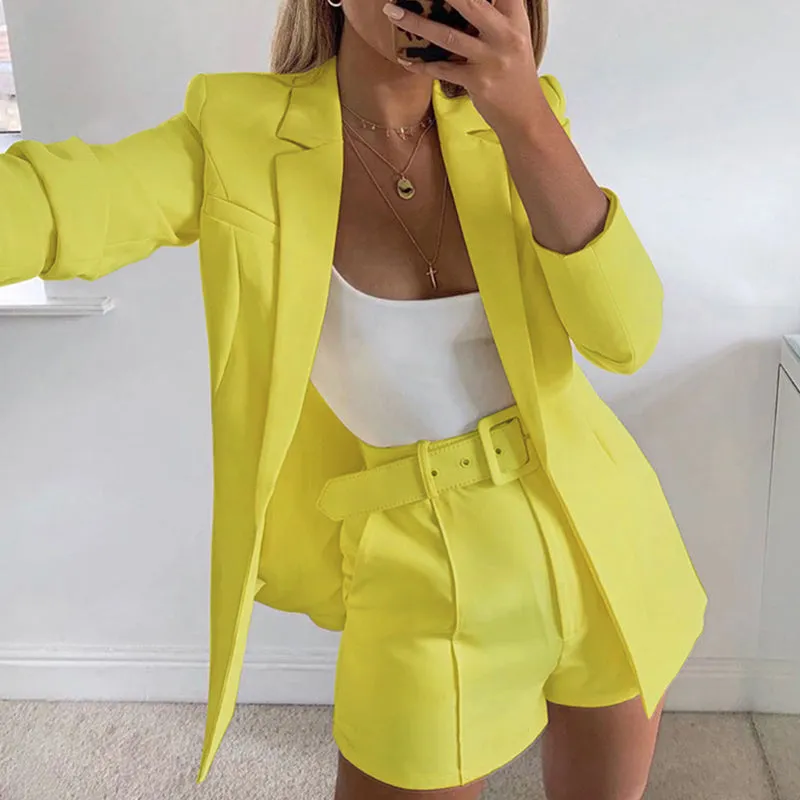 Solid Lapel Neck Blazer and Belted Shorts Set