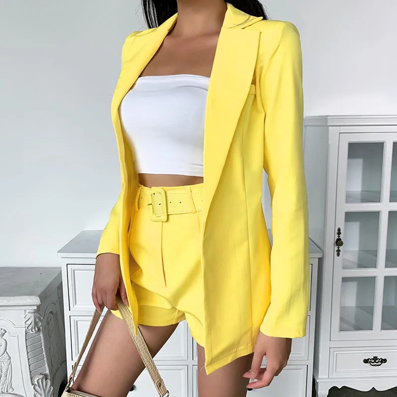 Solid Lapel Neck Blazer and Belted Shorts Set