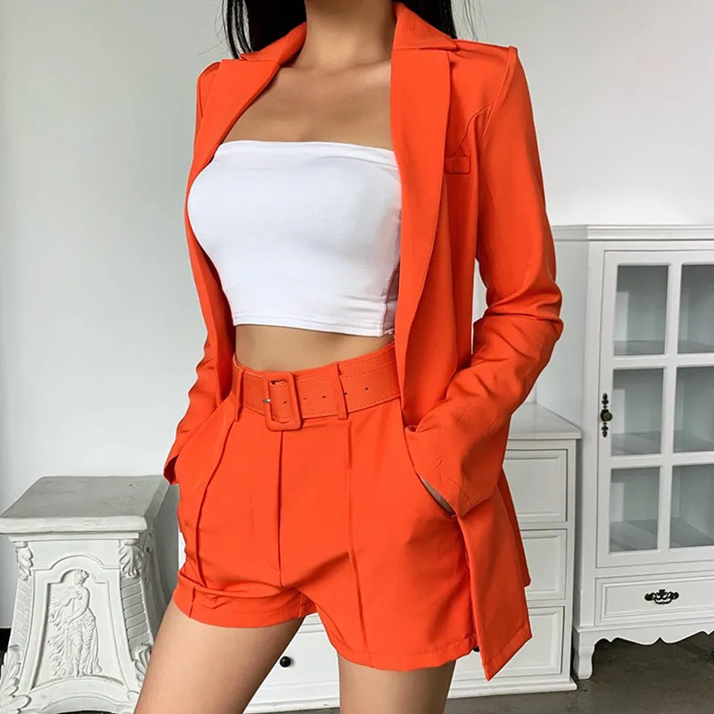 Solid Lapel Neck Blazer and Belted Shorts Set