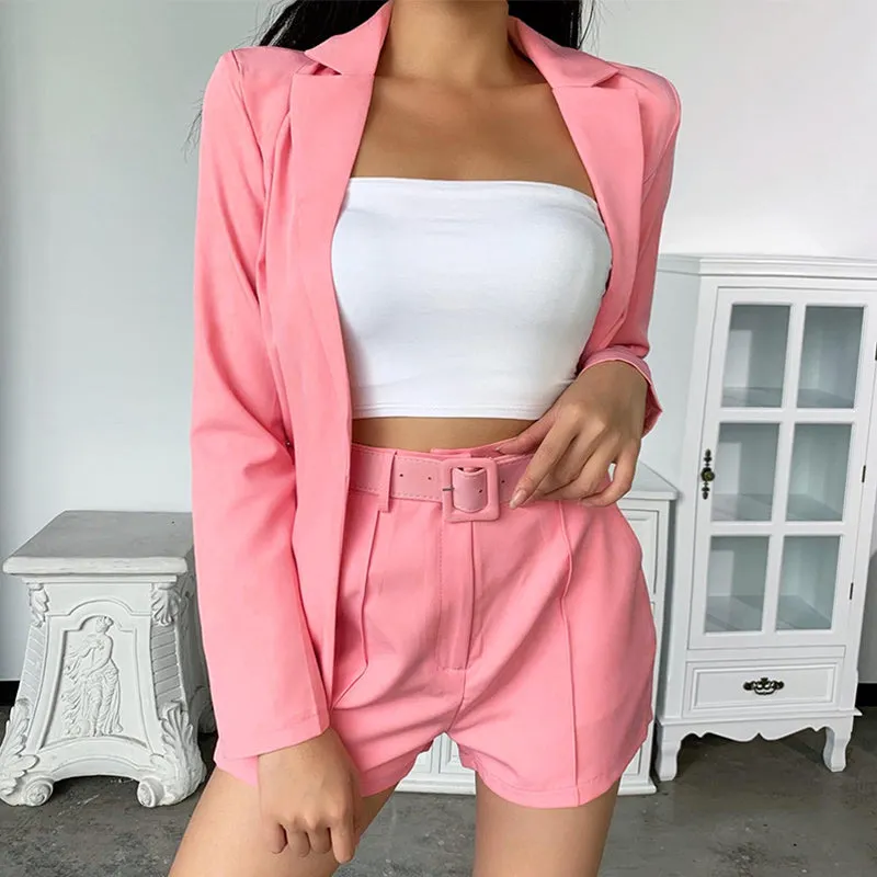 Solid Lapel Neck Blazer and Belted Shorts Set