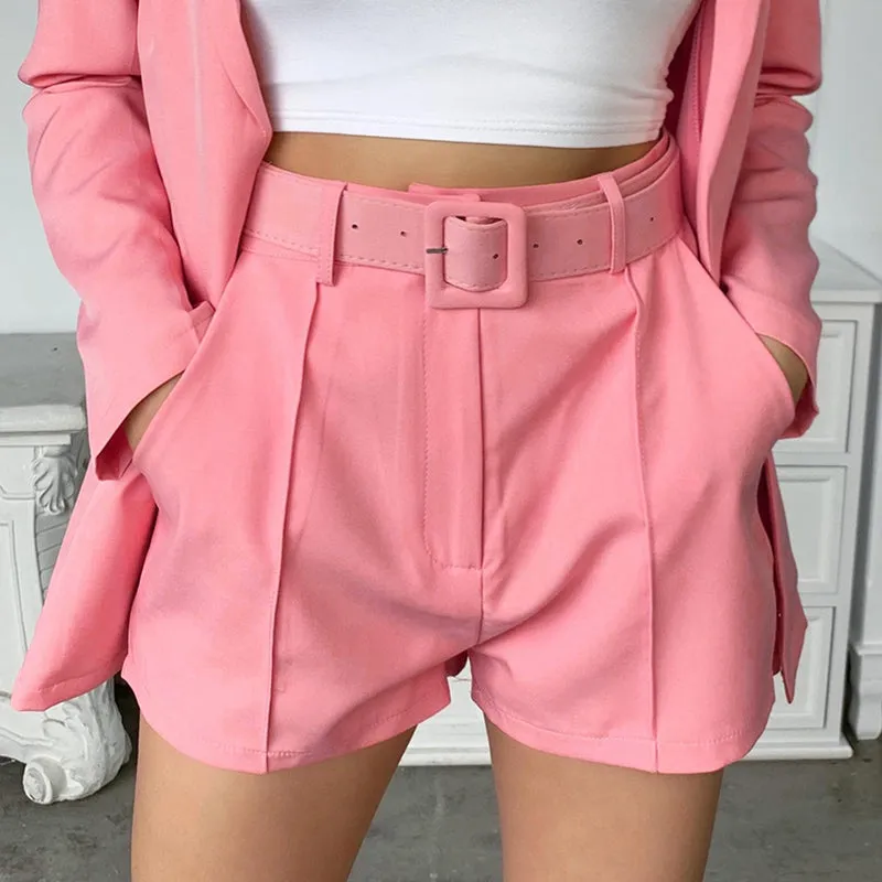 Solid Lapel Neck Blazer and Belted Shorts Set