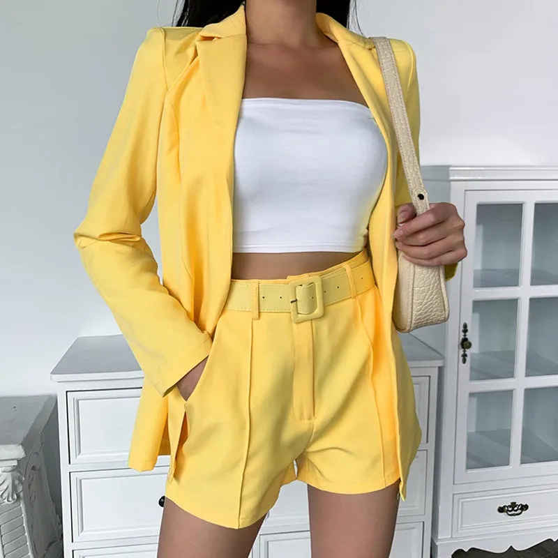 Solid Lapel Neck Blazer and Belted Shorts Set