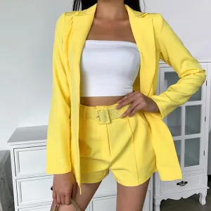 Solid Lapel Neck Blazer and Belted Shorts Set