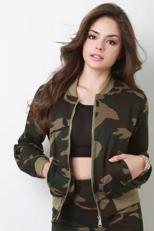 Sporty Camo Print Knit Bomber Jacket