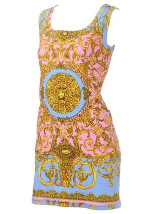 S/S 1992 Gianni Versace Vintage Dress in Pastel Baroque Medusa Print