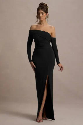 Stand Out | Black Bardot Long Sleeve Ruched Maxi With Side Split