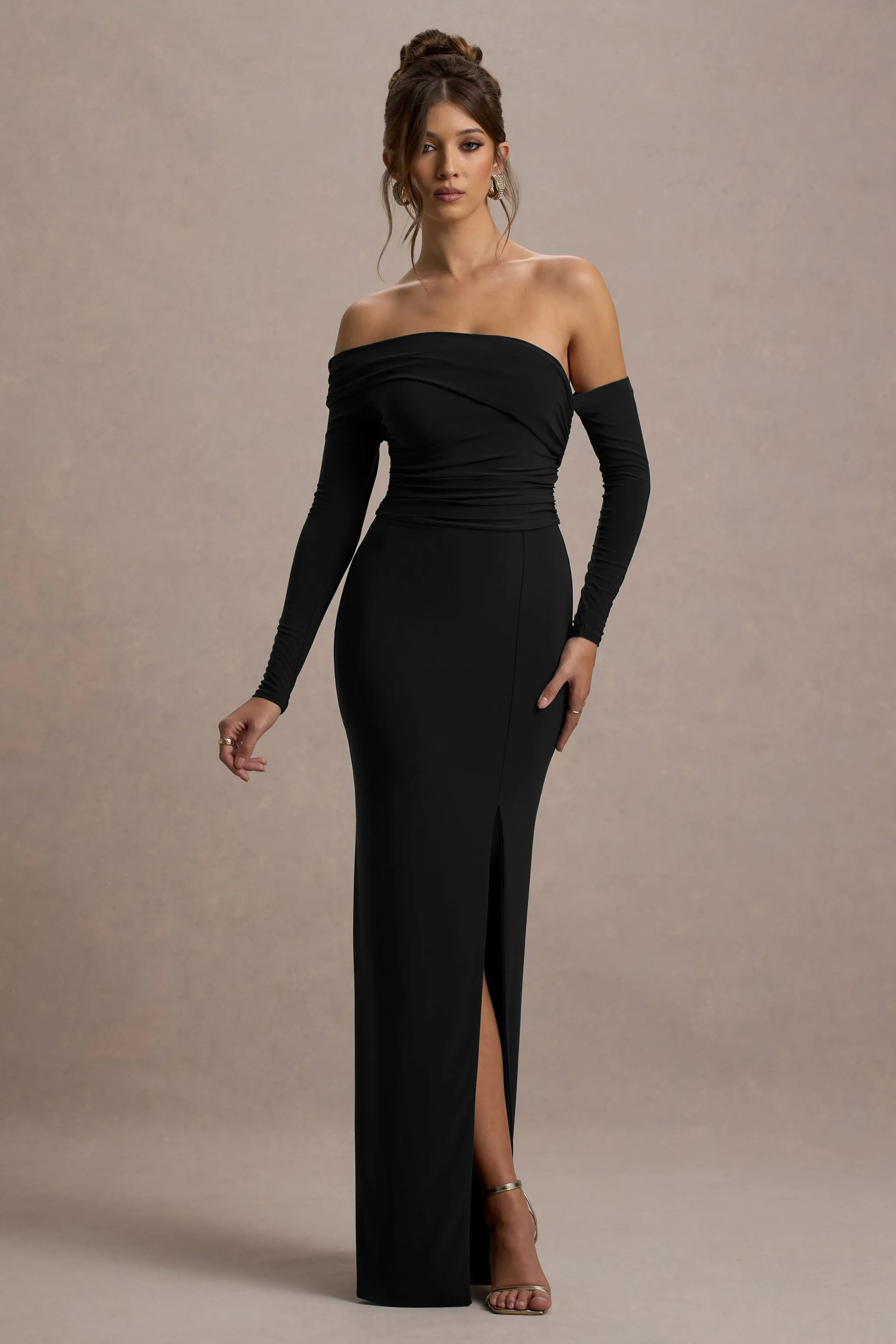 Stand Out | Black Bardot Long Sleeve Ruched Maxi With Side Split