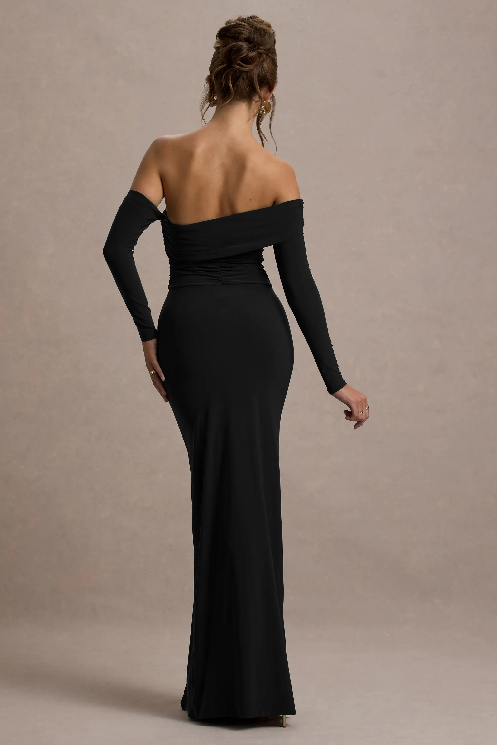 Stand Out | Black Bardot Long Sleeve Ruched Maxi With Side Split