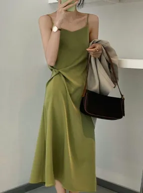 Stylish Satin Slip Dress - Green