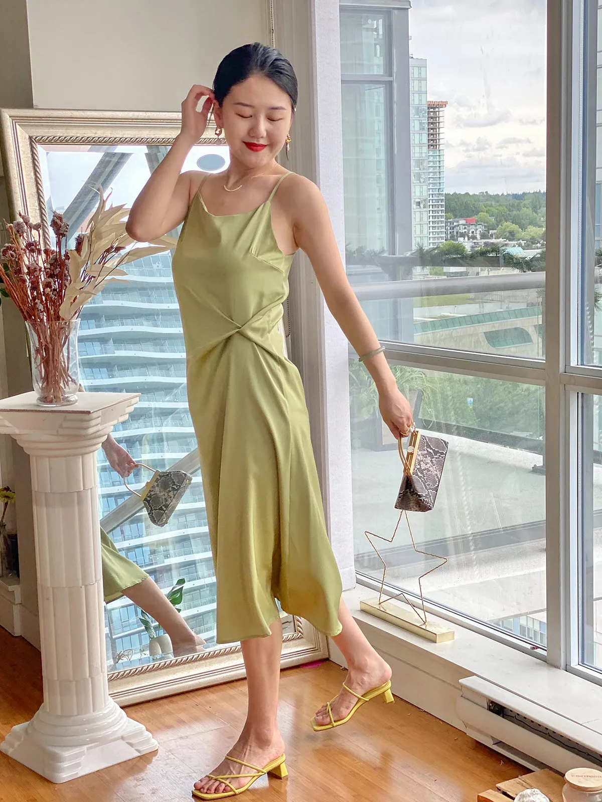 Stylish Satin Slip Dress - Green