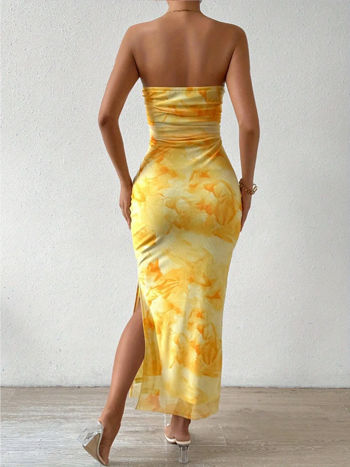 Summer Mesh Floral Pleated Strapless Side Split Long Dress