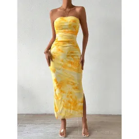 Summer Mesh Floral Pleated Strapless Side Split Long Dress