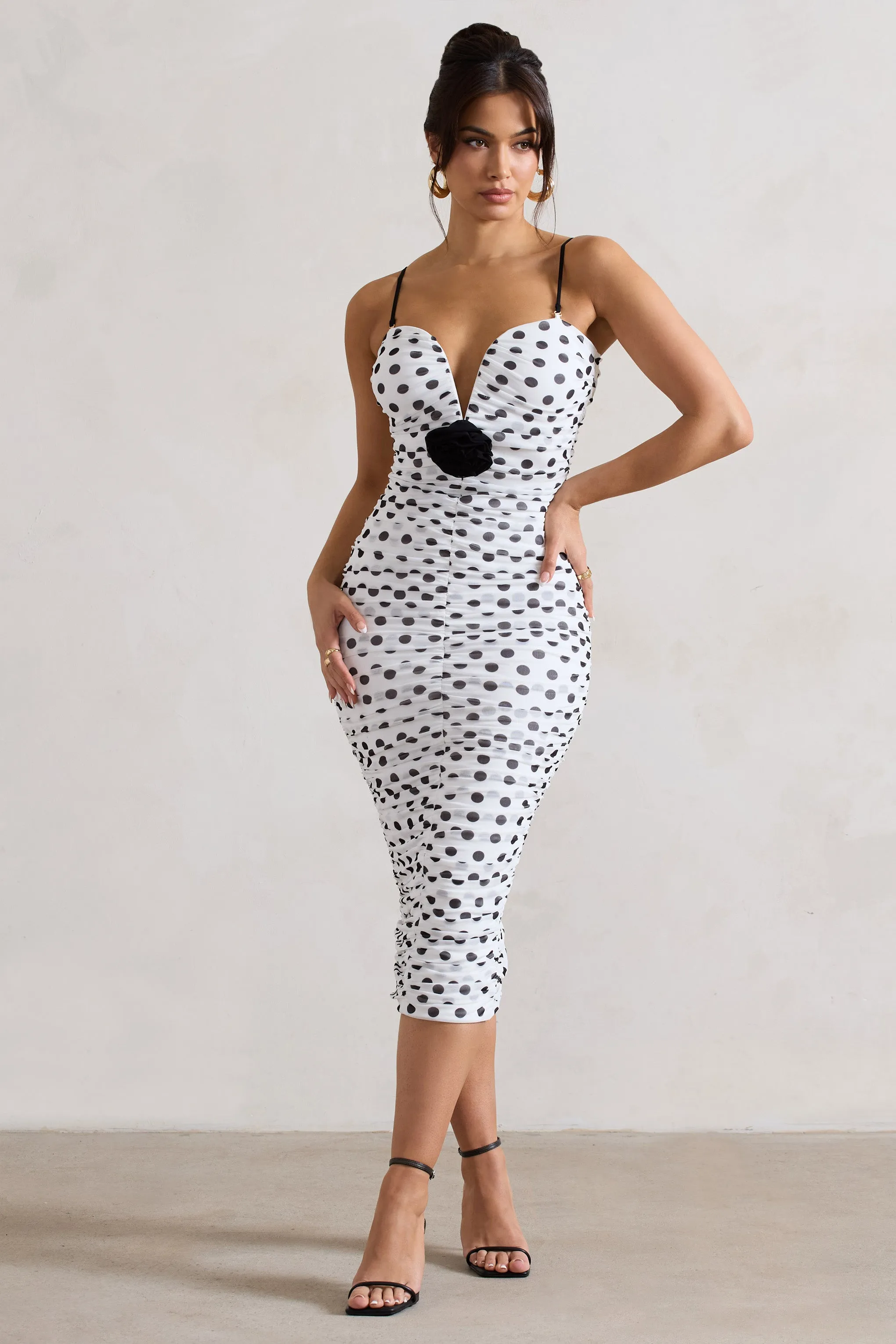 Taken | White Polka Dot Ruched Mesh Midi Dress With Corsage