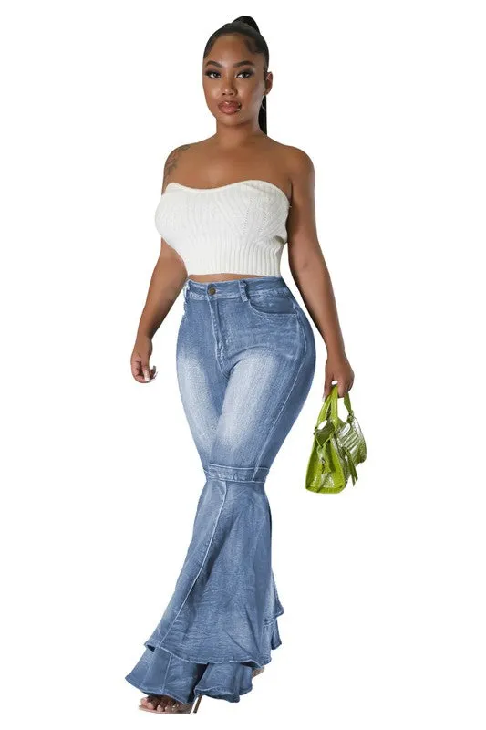 TEEK - RUFFLE LAYERED FLARED DENIM PANTS