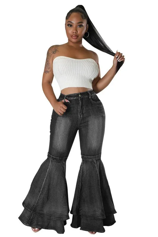 TEEK - RUFFLE LAYERED FLARED DENIM PANTS