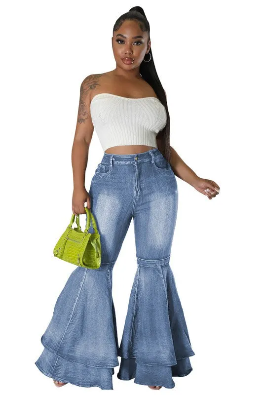 TEEK - RUFFLE LAYERED FLARED DENIM PANTS