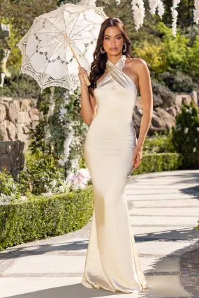 The Big Day | Ivory Satin Halter Neck Fishtail Maxi Dress