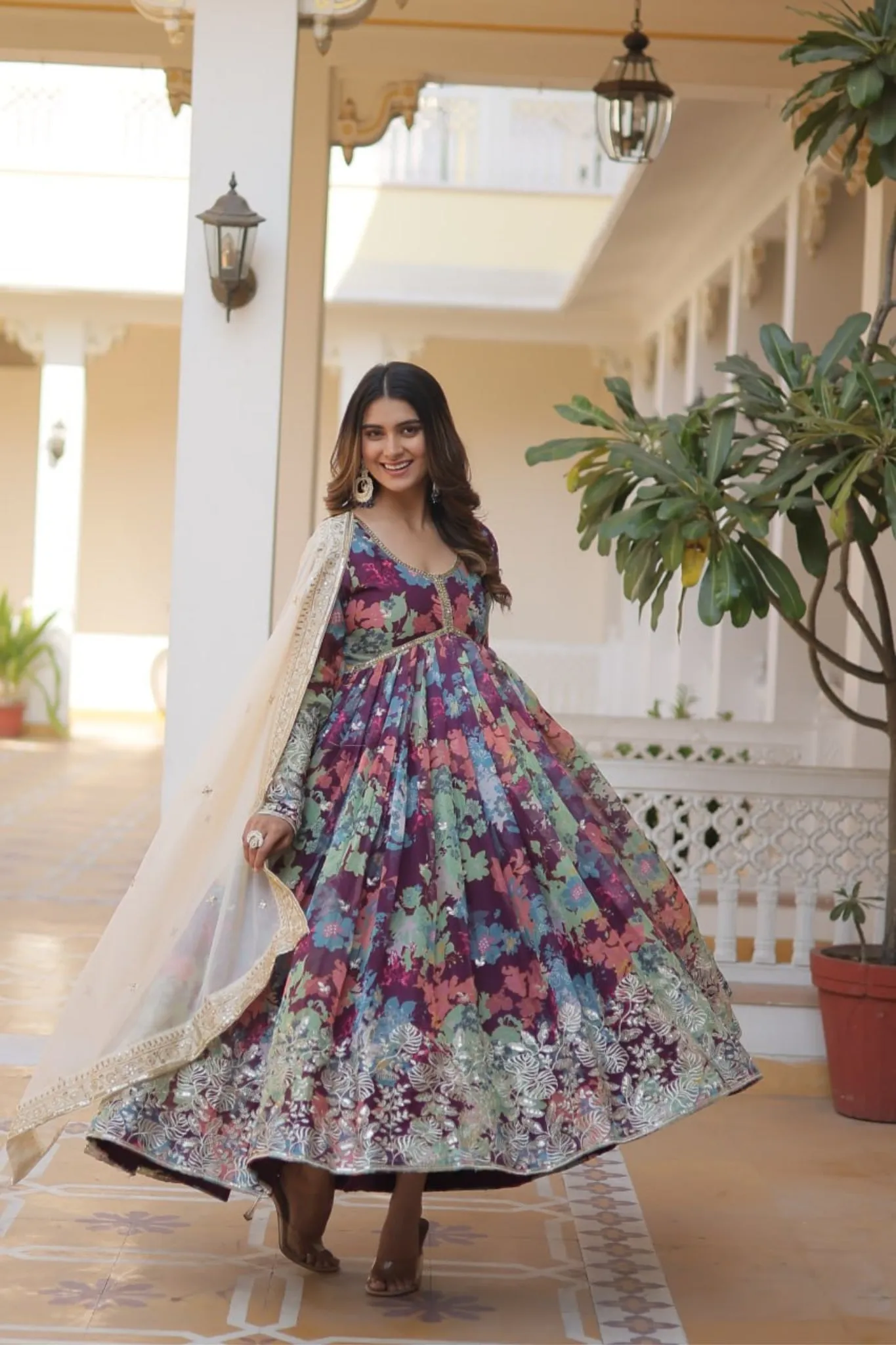 The Elegant Readymade Alia Cut Gown with Dupatta Set