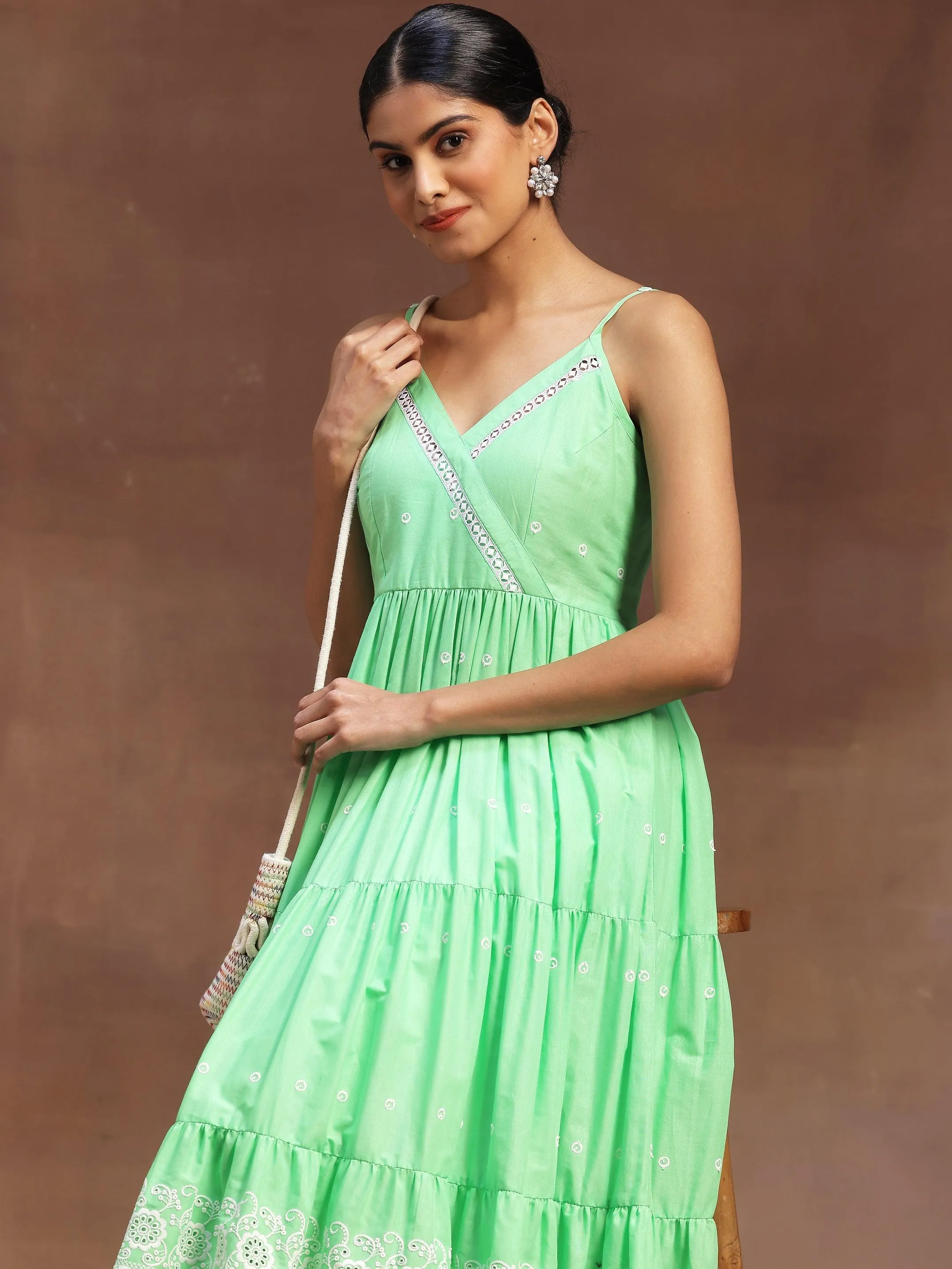 The Kiara Cut Green Self Design Cotton Anarkali Kurta With Trousers