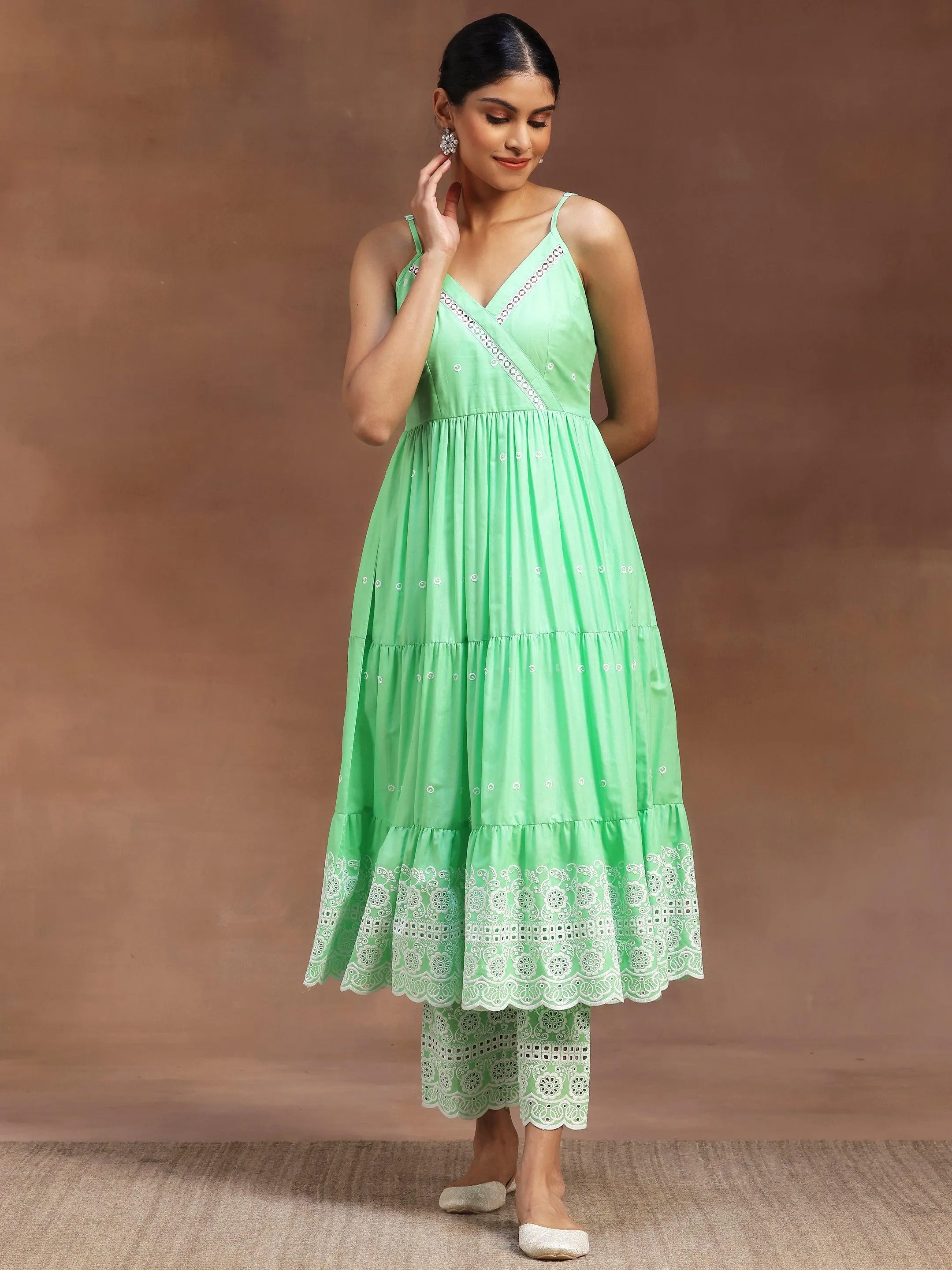 The Kiara Cut Green Self Design Cotton Anarkali Kurta With Trousers