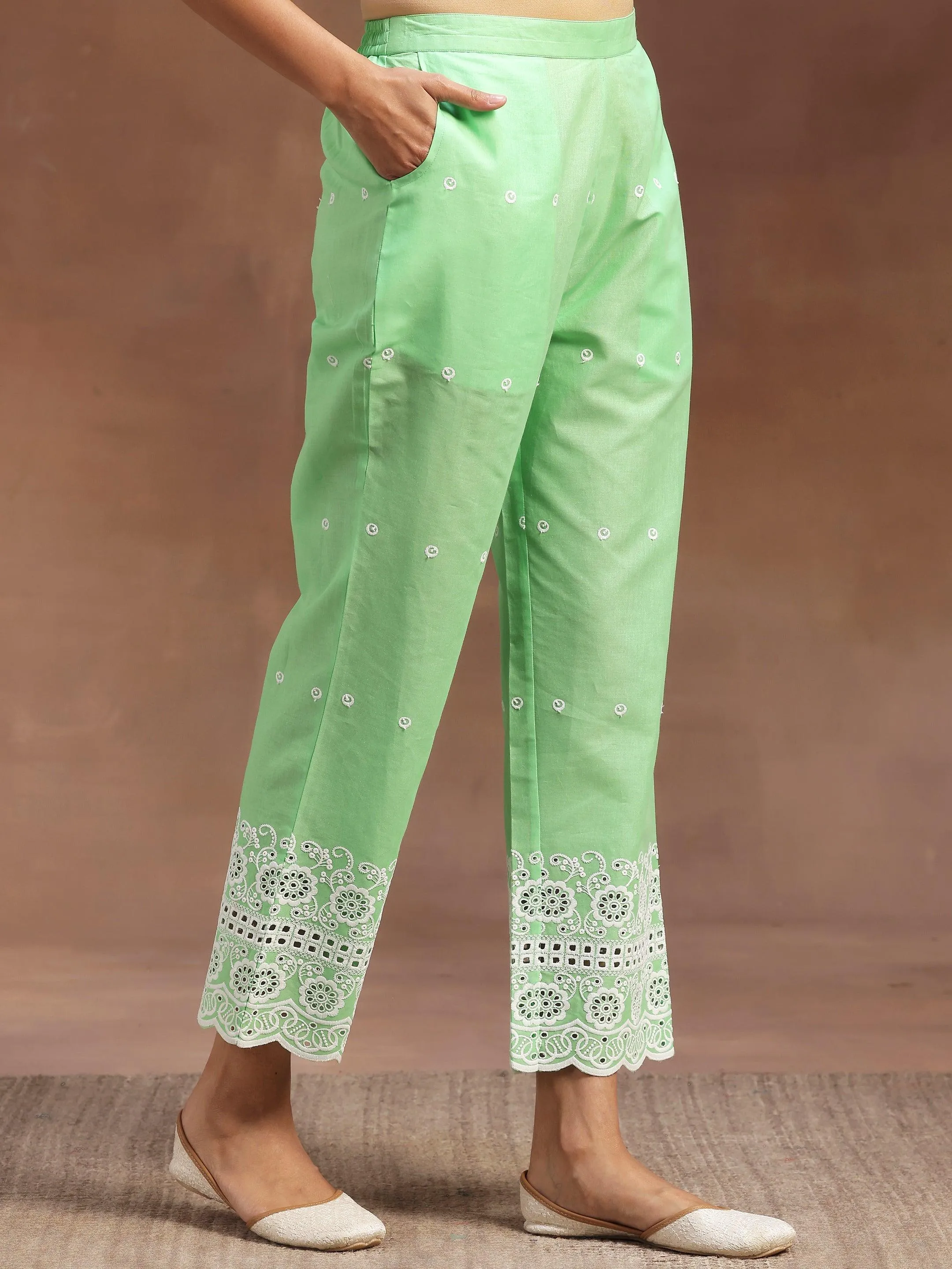 The Kiara Cut Green Self Design Cotton Anarkali Kurta With Trousers