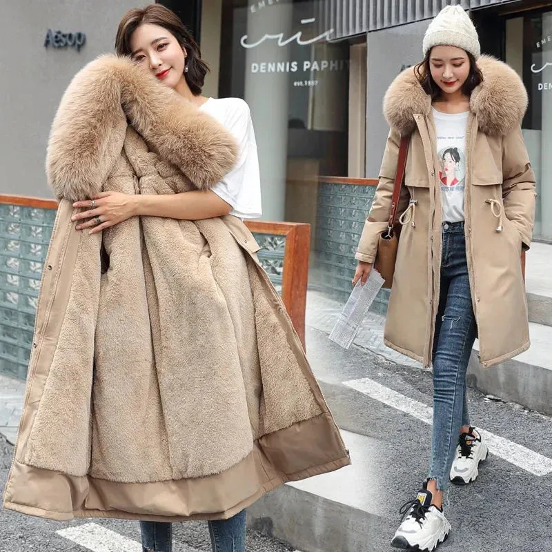 Thick Hooded Winter Jacket for Women : Fur Collar Long Parka with Wool Liner Padded Snow Coat - Ideal Winter Gift for Her