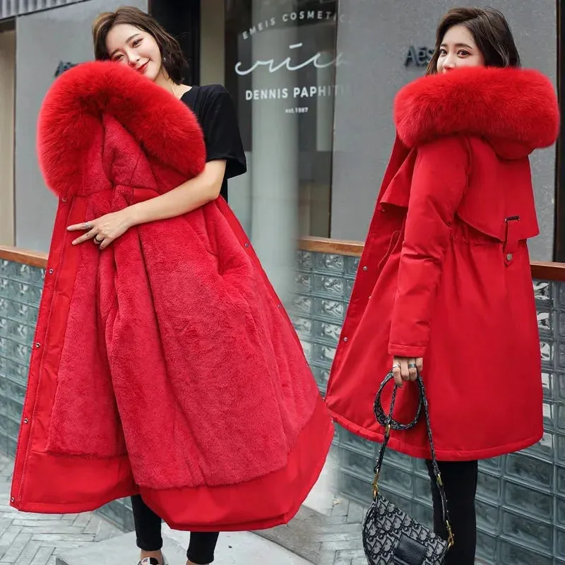 Thick Hooded Winter Jacket for Women : Fur Collar Long Parka with Wool Liner Padded Snow Coat - Ideal Winter Gift for Her