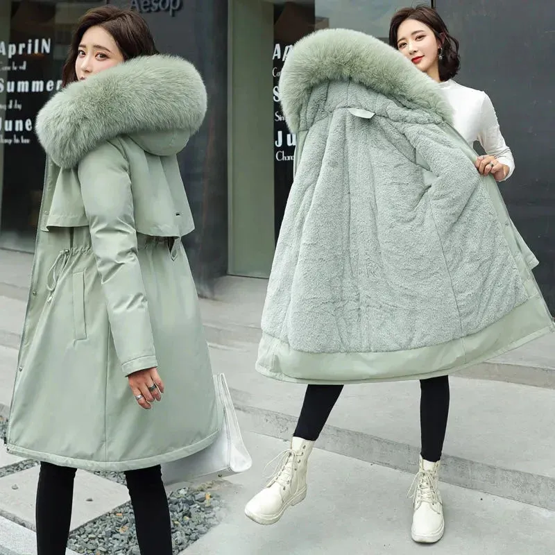 Thick Hooded Winter Jacket for Women : Fur Collar Long Parka with Wool Liner Padded Snow Coat - Ideal Winter Gift for Her