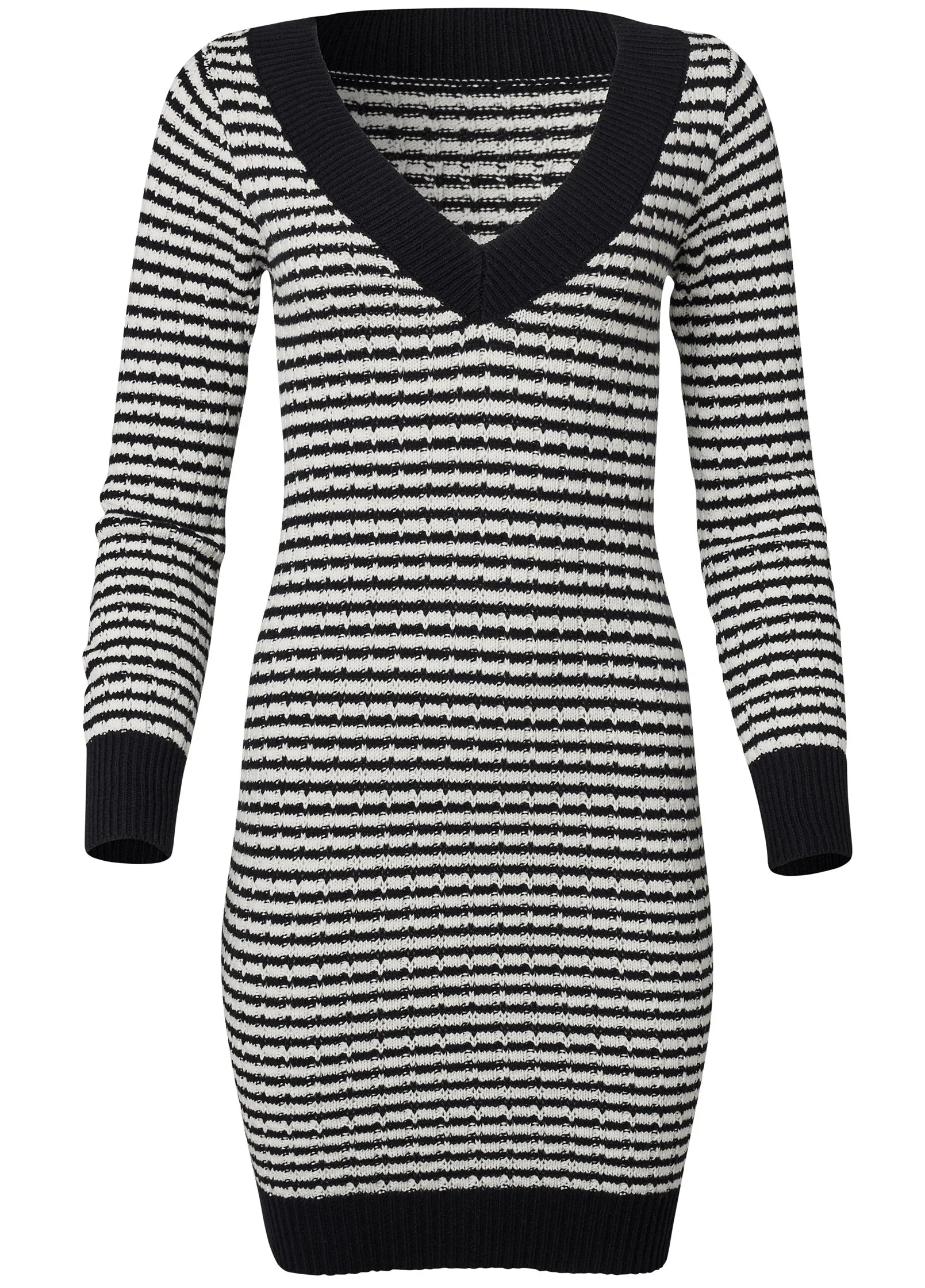 V-Neck Sweater Dress  - Black & White