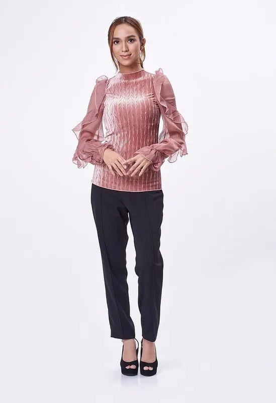 Velvet Stripe Ruffle Sleeve Blouse