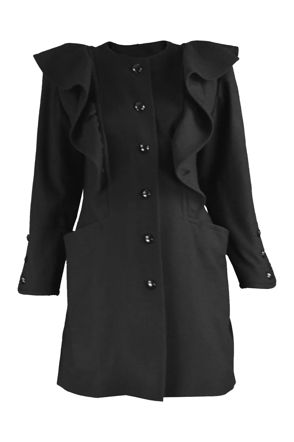 Vintage Black Wool Coat with Ruffles, 1980s