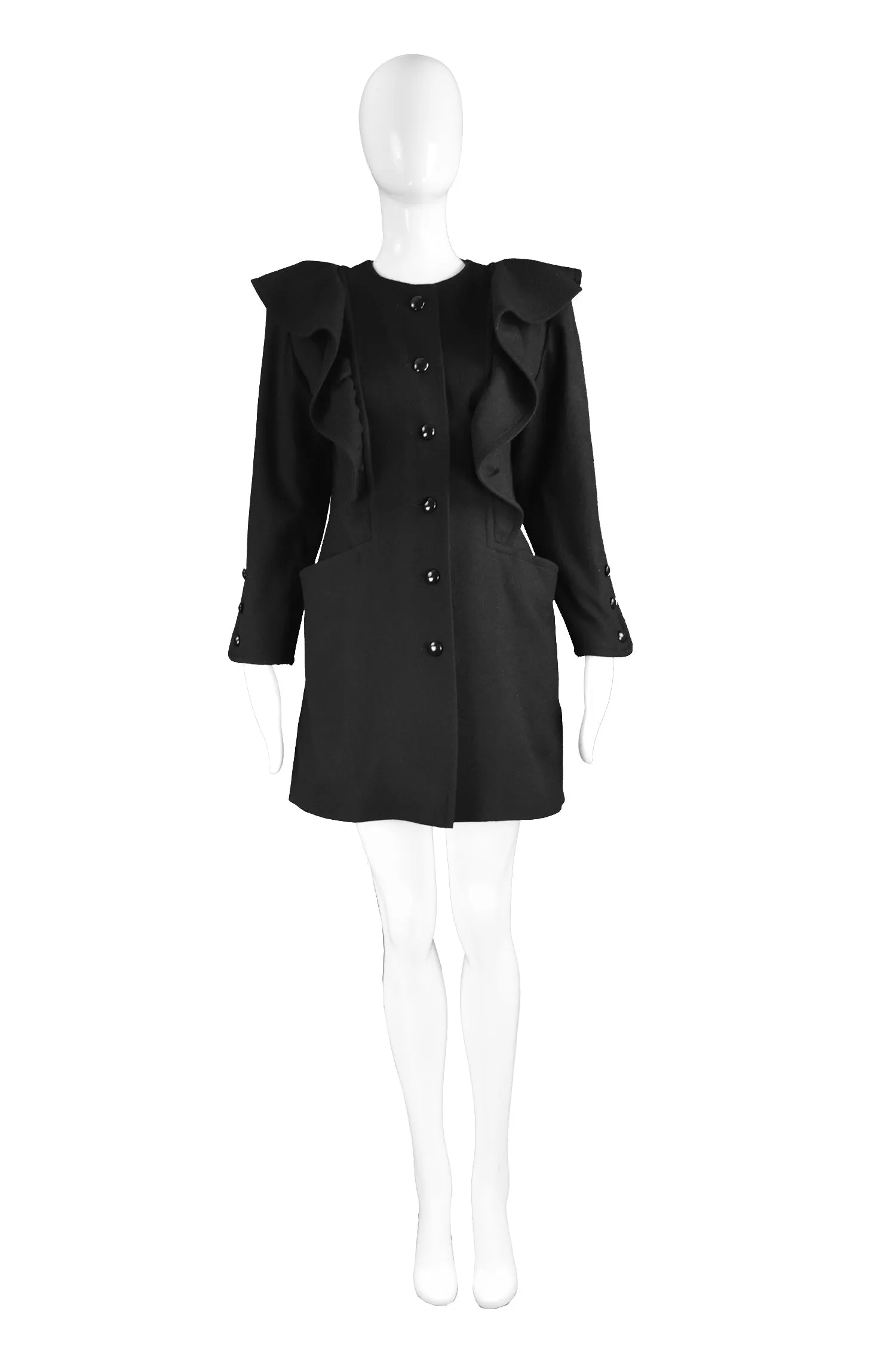 Vintage Black Wool Coat with Ruffles, 1980s