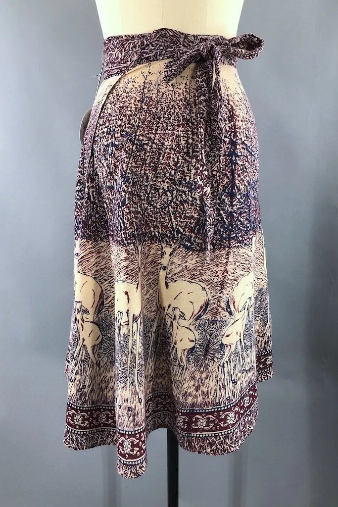 Vintage Deer Print Cotton Wrap Skirt