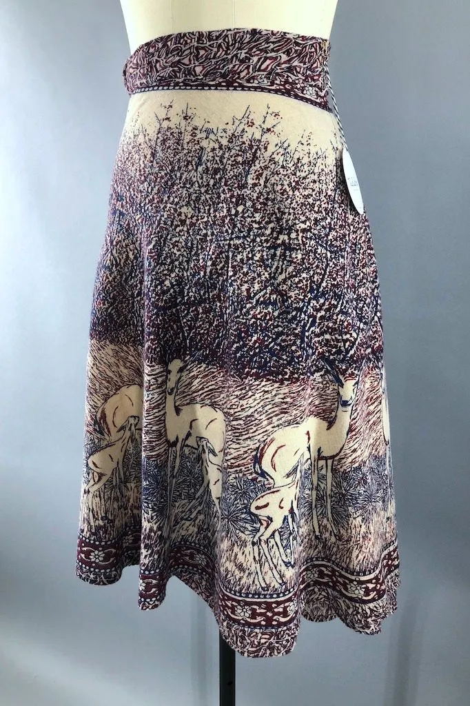 Vintage Deer Print Cotton Wrap Skirt