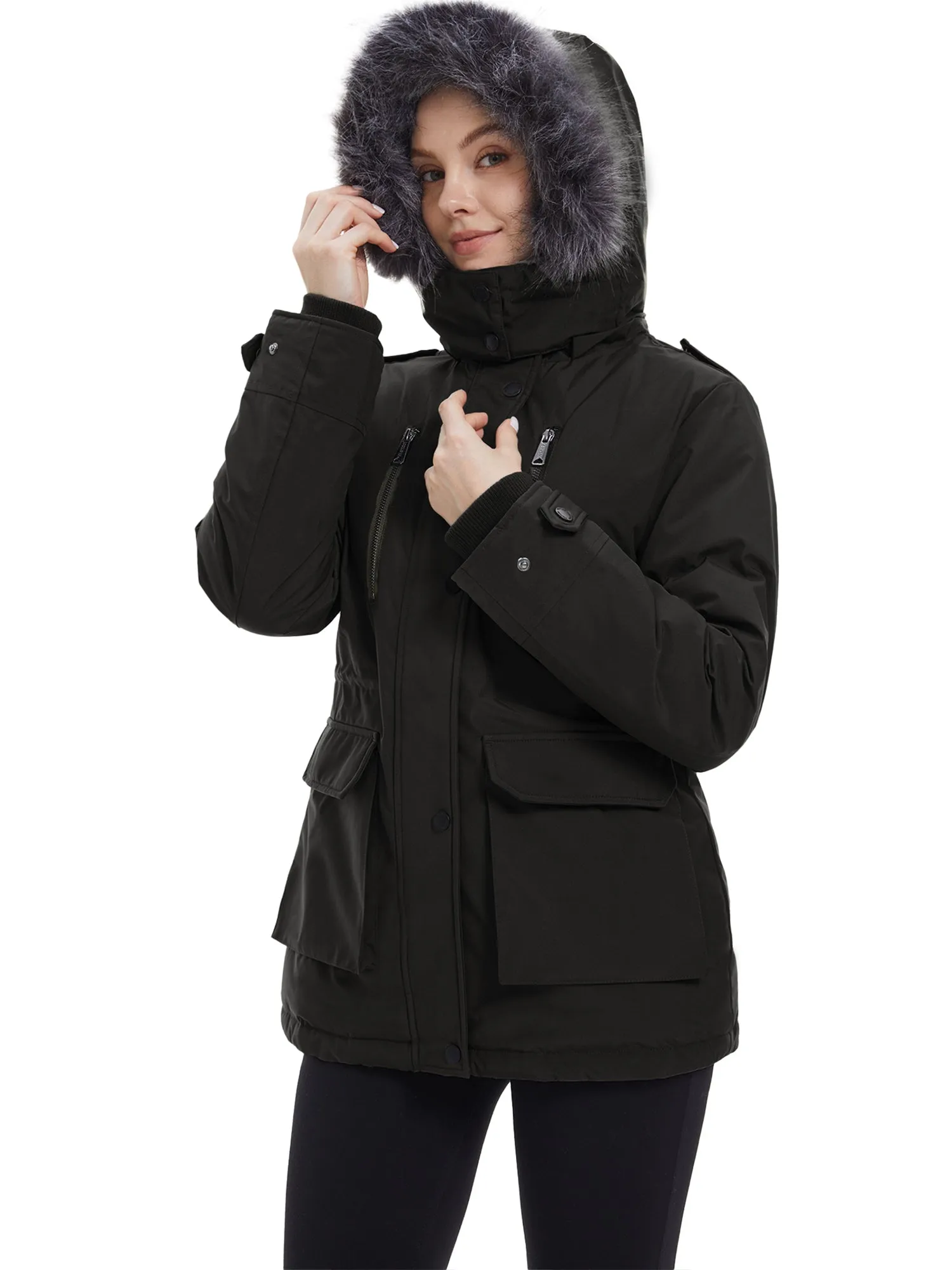 Wantdo Women's Waterproof Jacket Insulated Winter Coat Winter Puffer Coat with Removable Faux Fur Hood