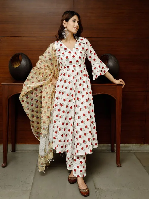 White Floral Ethnic Printed Cotton Flared Kurta Set (Set of 3)