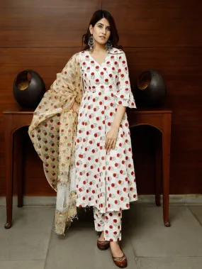 White Floral Ethnic Printed Cotton Flared Kurta Set (Set of 3)