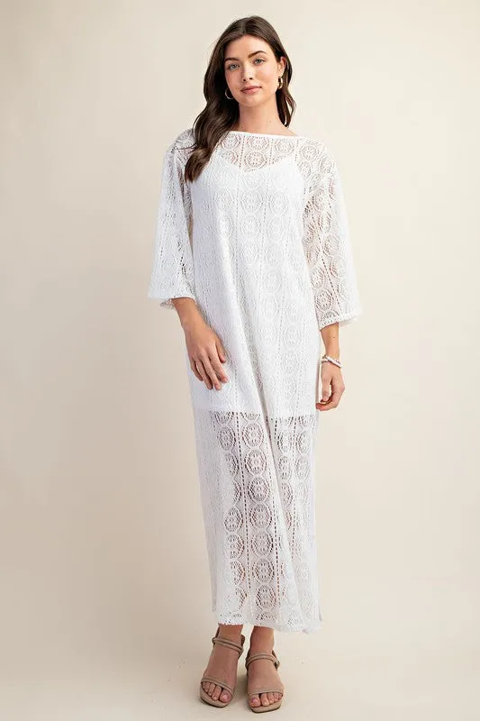 White Long Sheer Crochet Knit Dress