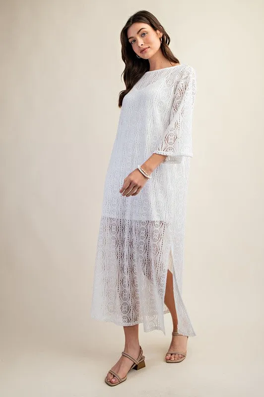 White Long Sheer Crochet Knit Dress