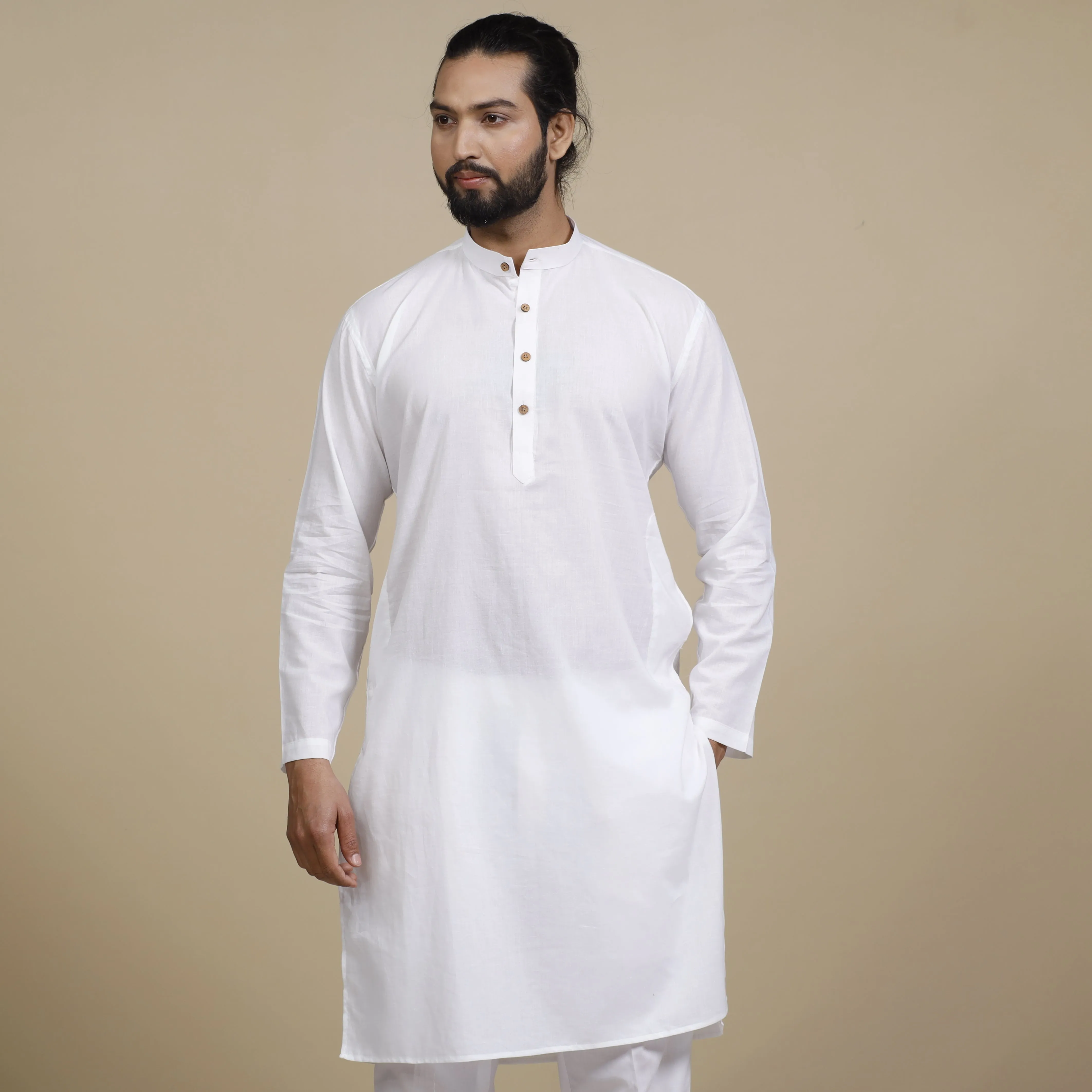 White Plain Cotton Men Long Kurta