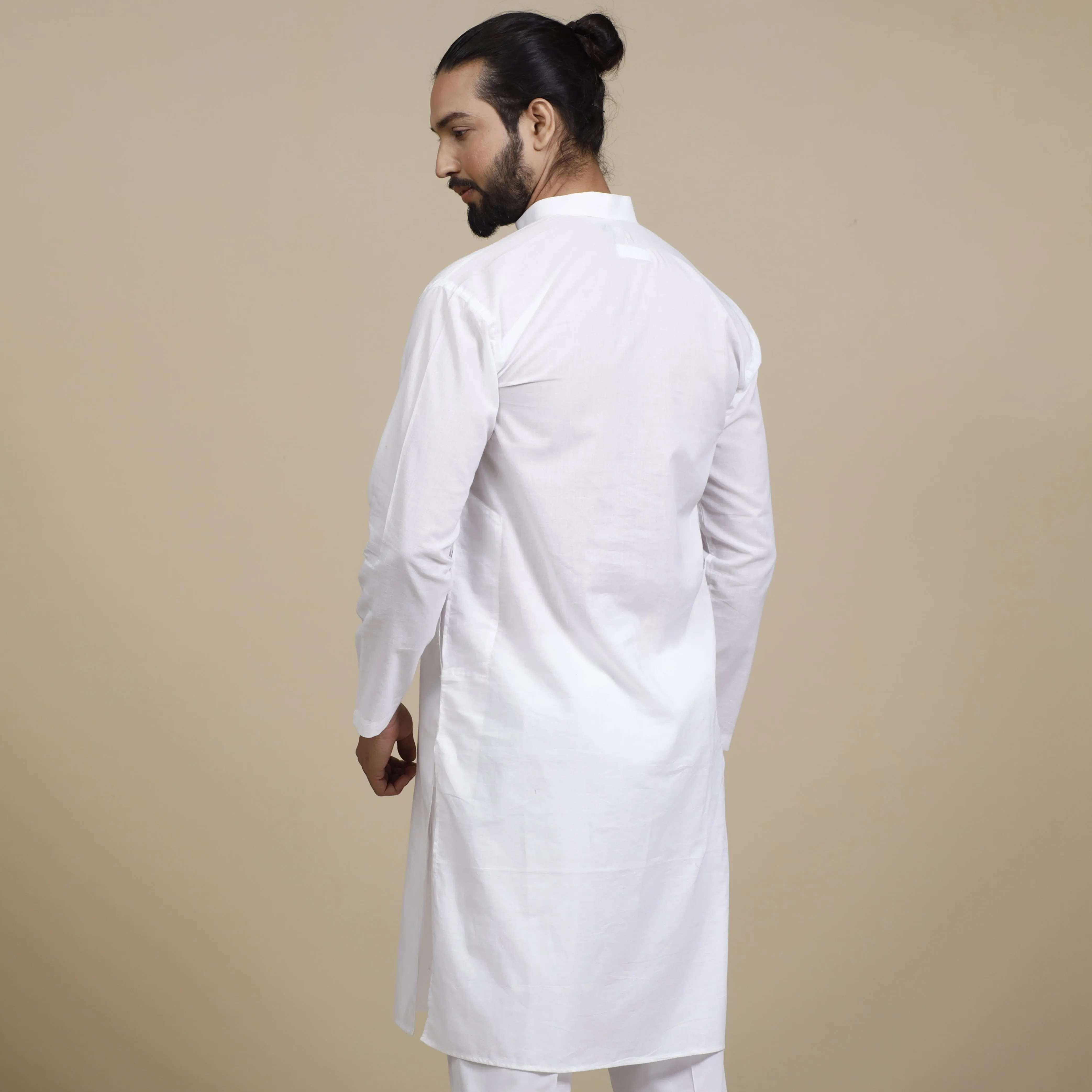 White Plain Cotton Men Long Kurta