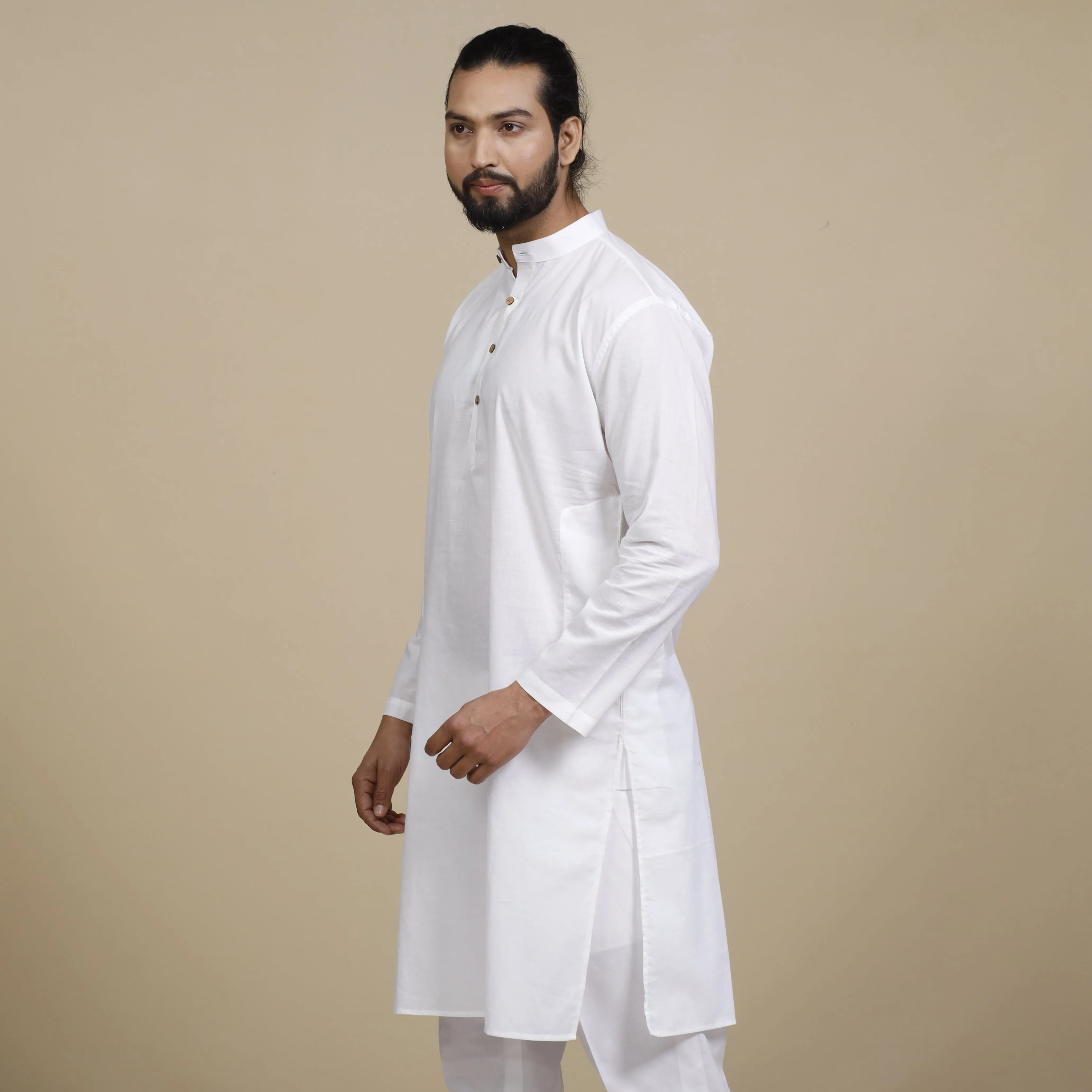 White Plain Cotton Men Long Kurta