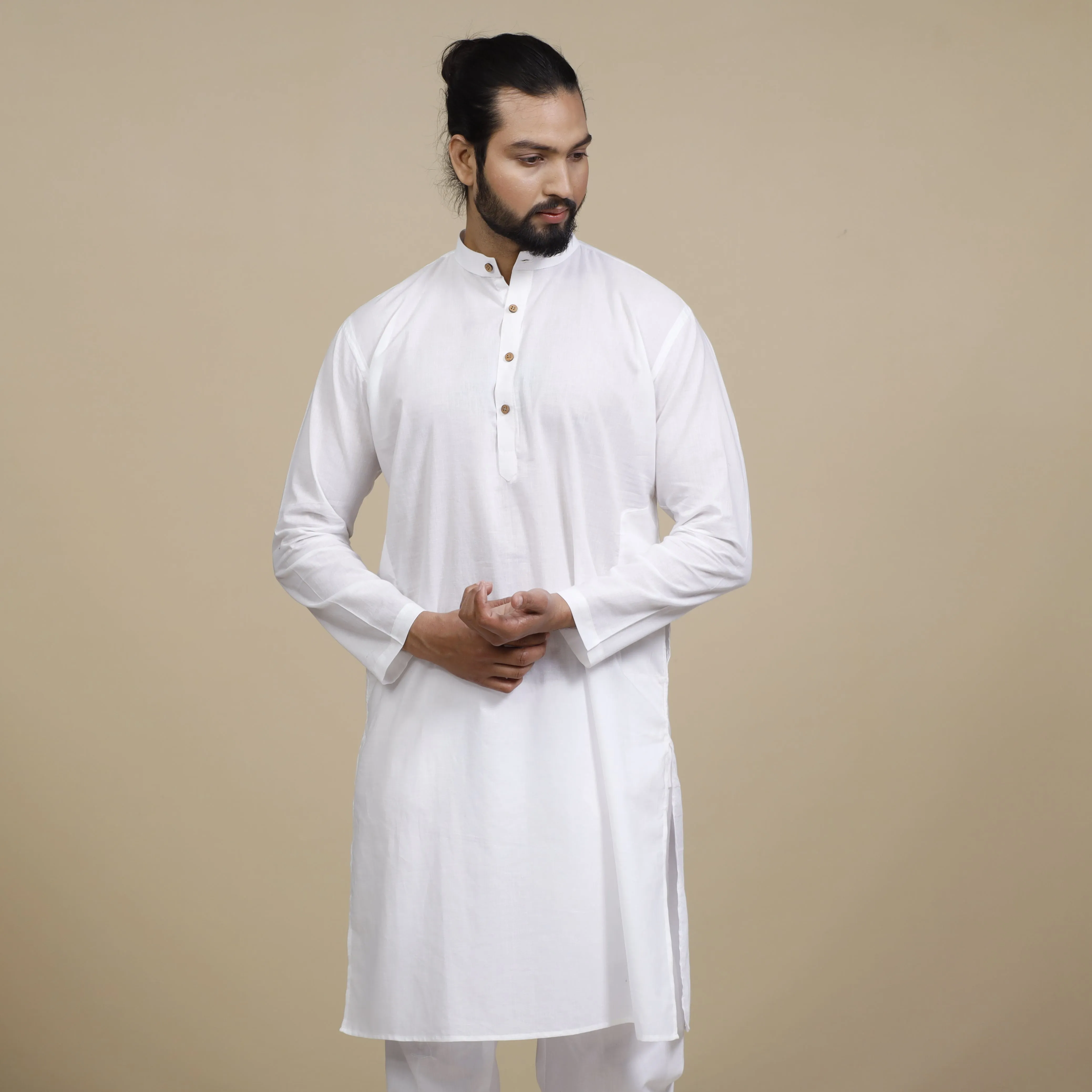 White Plain Cotton Men Long Kurta