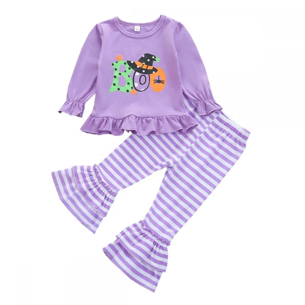 Wholesale Girls Clothes Halloween Cartoon Top Striped Flared Pants Set