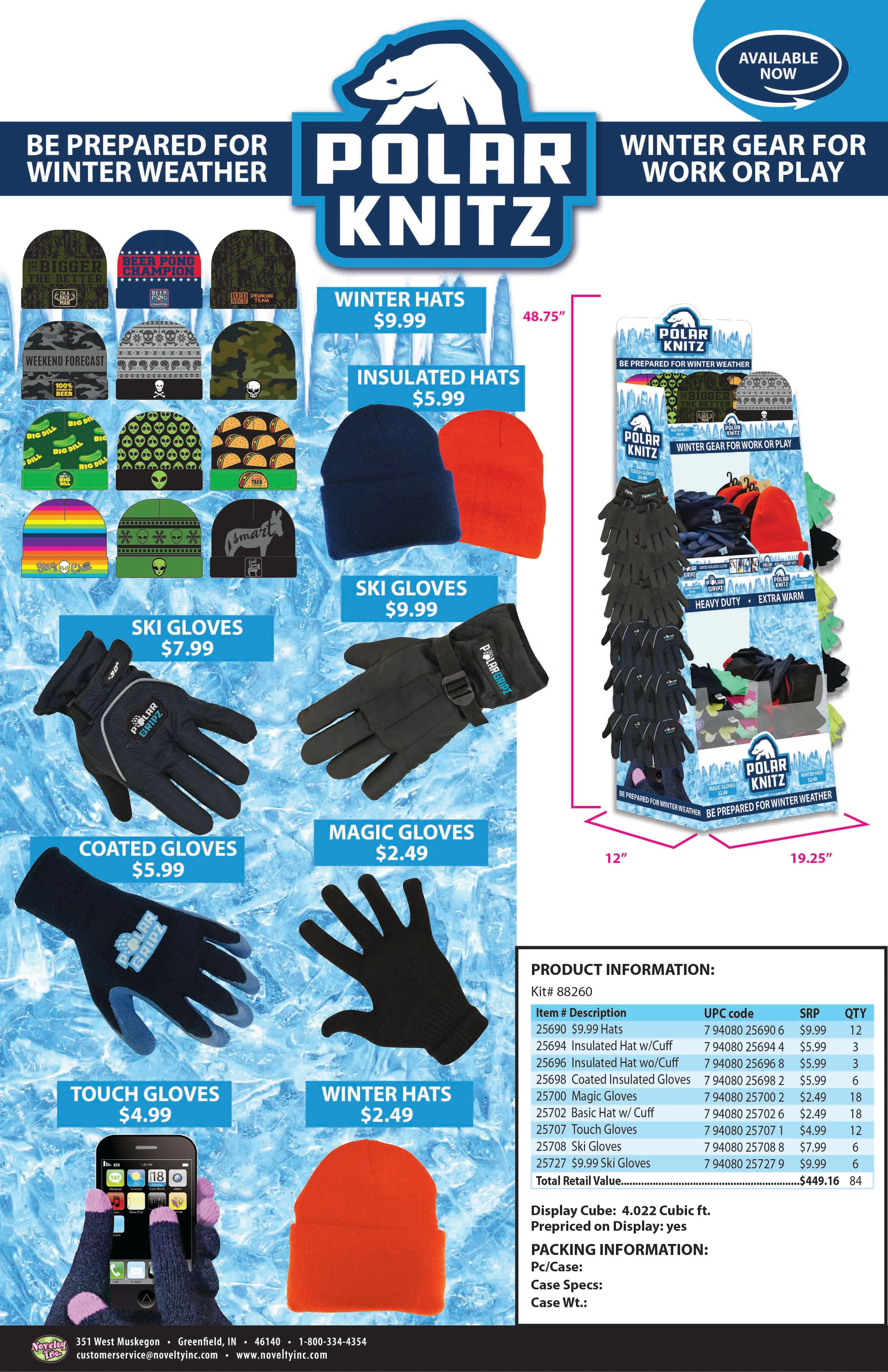 Winter Knit Hat Beanie and Glove Assortment Floor Display - 84 Pieces Per Retail Ready Display 88260