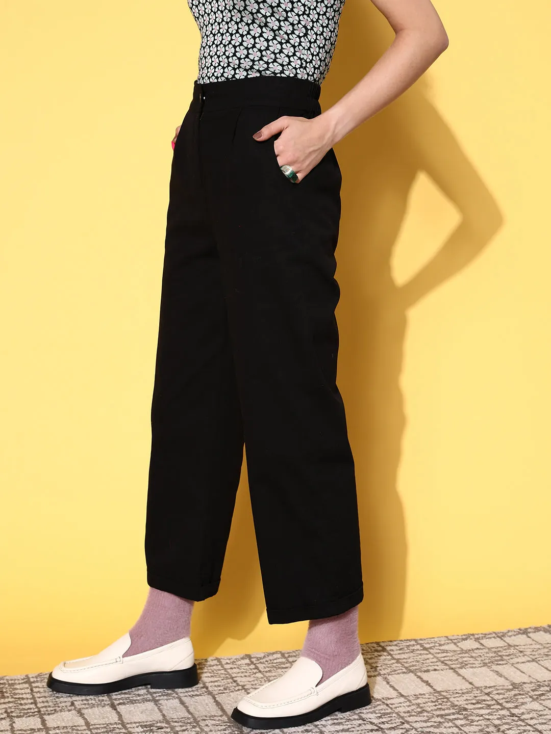 Women Black Twill Wide Leg Pants