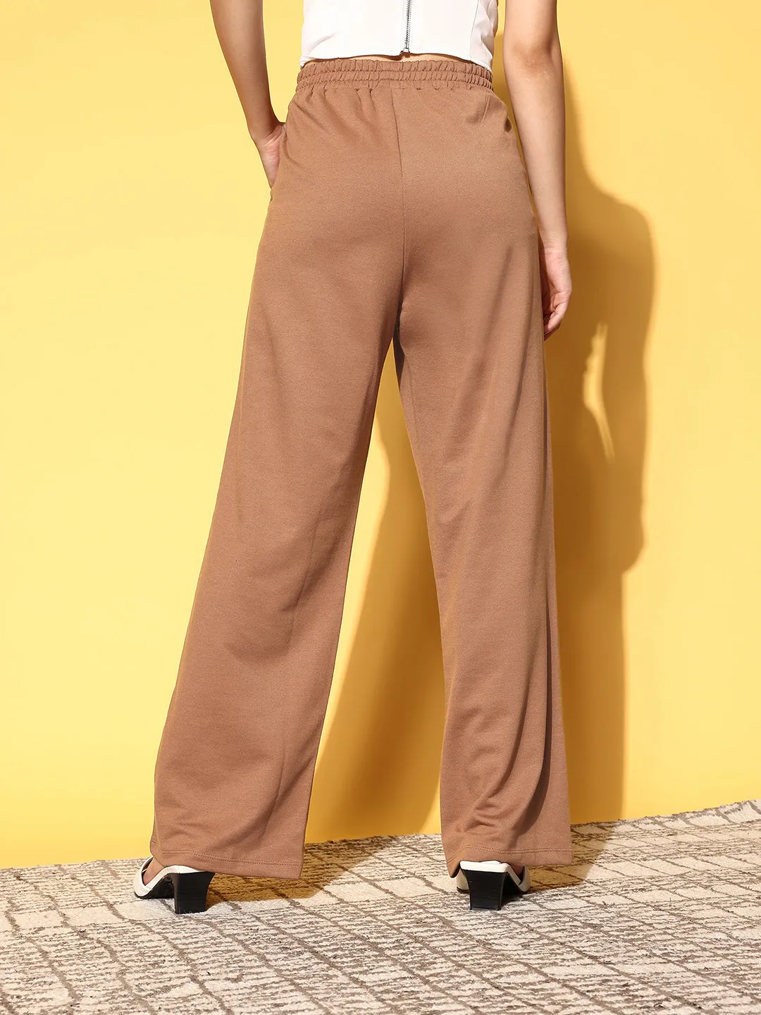 Women Brown Line Art Wide Leg Terry Track Pants